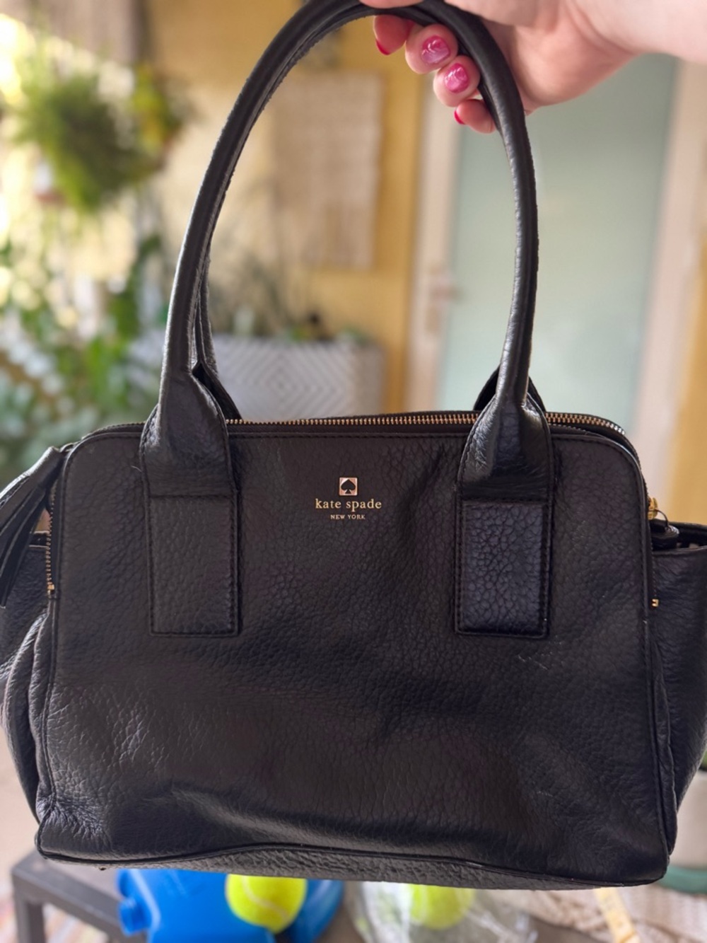 kate spade Black Pebbled Leather Satchel with Gold Logo